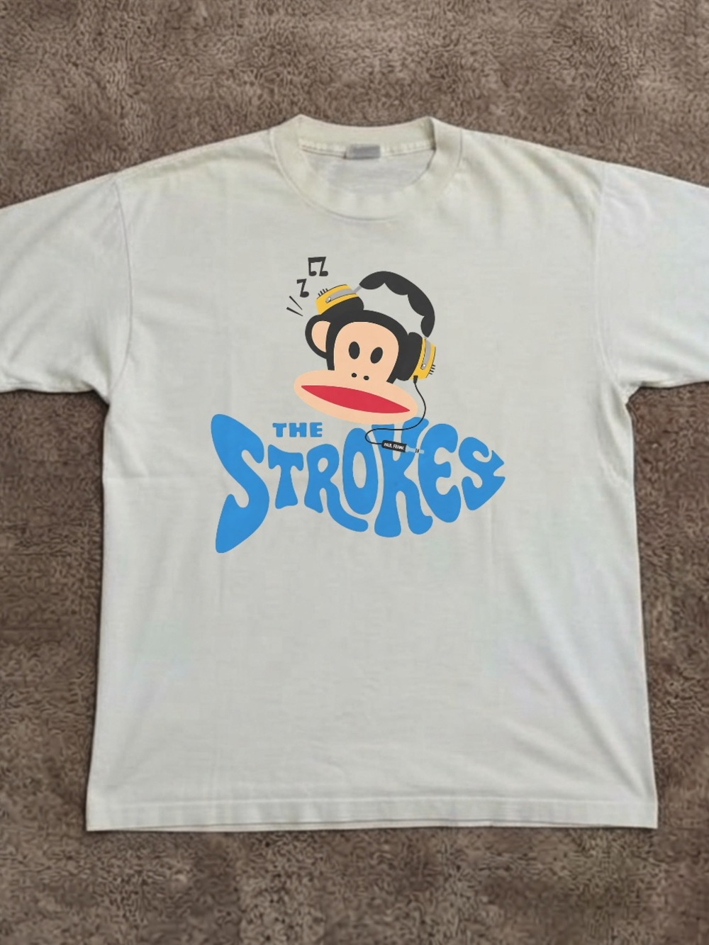 Gildan White T-Shirt with Blue 'The Strokes' Logo and Monkey Headphones